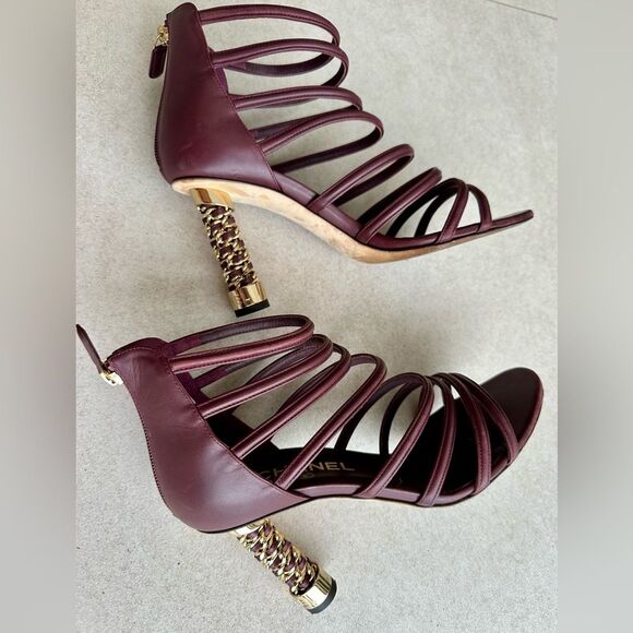 Chanel Coco Tower Cage Burgundy & Gold Sculptural Chain High Heel Sandals 38.5 - Picture 3 of 14